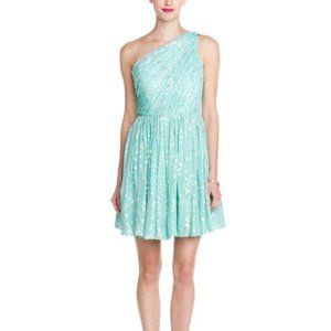 Shoshanna Aqua One Shoulder Dress with Gold Dots